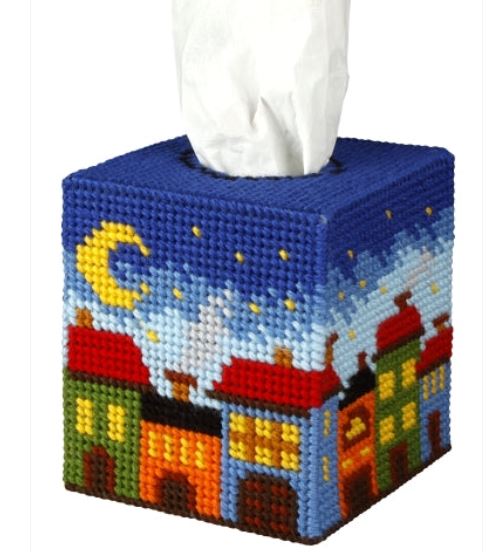 click here to view larger image of Tissue Box Cover - City at Night (needlepoint kit)