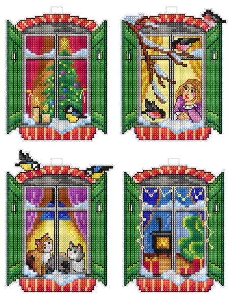 click here to view larger image of Winter Windows Set of 4 - 7674 (counted cross stitch kit)