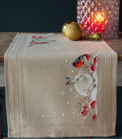 click here to view larger image of Snow Hare & Goldfinch Table Runner (printed linen)