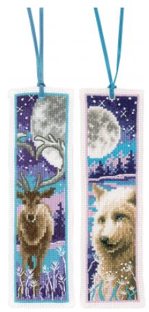 click here to view larger image of Wolf and Deer with Moon Bookmarks (Set of 2) (counted cross stitch kit)