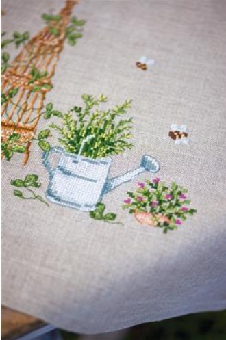 click here to view larger image of Garden Equipment Linen Tablecloth (counted cross stitch kit)