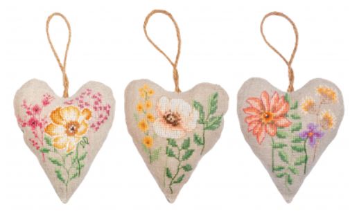 click here to view larger image of Wildflowers Set of 3 Hearts (counted cross stitch kit)