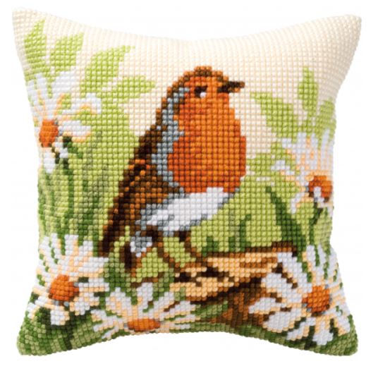 click here to view larger image of Daisies and Robin Cushion (needlepoint kit)