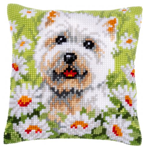 click here to view larger image of Dog and Daisies Cushion (needlepoint kit)