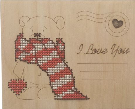click here to view larger image of Wooden Postcard I Love You - Bear (counted cross stitch kit)