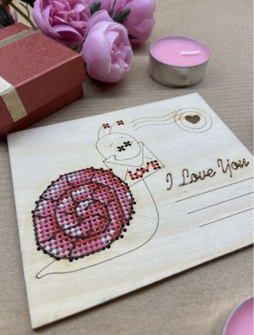 click here to view larger image of Wooden Postcard I Love You - Snail (counted cross stitch kit)