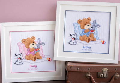 click here to view larger image of Bear Rabbit and Dog Birth Announcement (counted cross stitch kit)