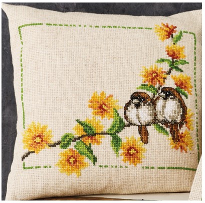click here to view larger image of Buttercup and House Sparrow Cushion (counted cross stitch kit)