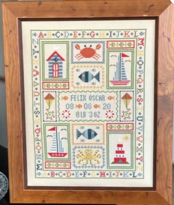 click here to view larger image of Boat Birth Sampler KIT - 32ct Linen (counted cross stitch kit)