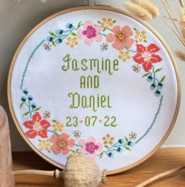 click here to view larger image of Floral Hoop Wedding Sampler (KIT) - 32ct Linen (counted cross stitch kit)