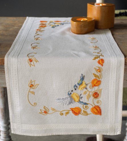 click here to view larger image of  Chickadees with Cape Gooseberry Table Runner (counted cross stitch kit)