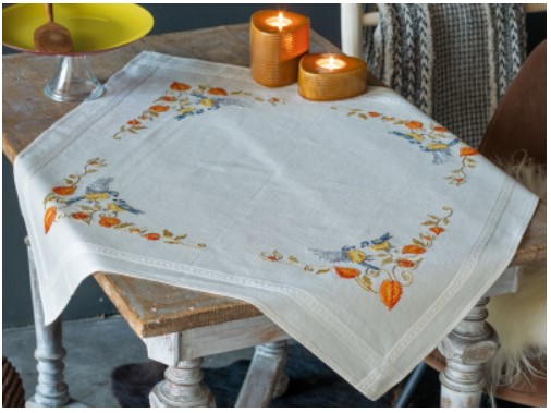 click here to view larger image of  Chickadees with Cape Gooseberry Tablecloth (counted cross stitch kit)