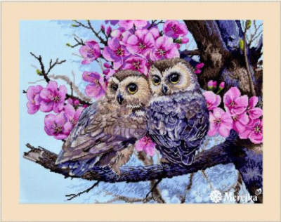 click here to view larger image of Two Owls in Spring Blossom (counted cross stitch kit)