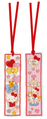 click here to view larger image of Hello Kitty Doodle Heart Bookmarks   (counted cross stitch kit)