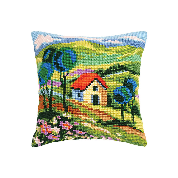 Green Hills Cushion - click here for more details about this counted canvas kit