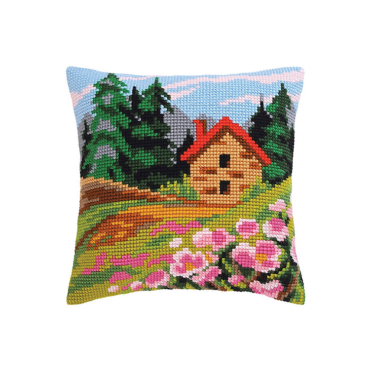 Cottage on the Edge Cushion - click here for more details about this counted canvas kit