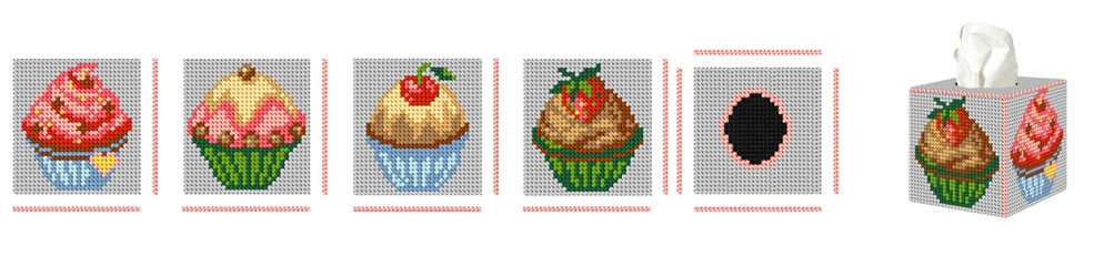 click here to view larger image of Tissue Box Cover - Cupcakes (counted cross stitch kit)