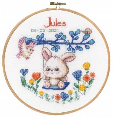 click here to view larger image of Rabbit on Swing - Birth Announcement (counted cross stitch kit)