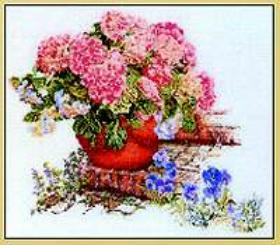 click here to view larger image of Hydrangeas and Pansies - Linen (counted cross stitch kit)