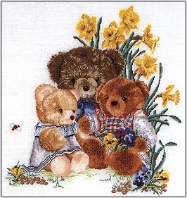 click here to view larger image of Teddy Bears and Flowers - Linen (counted cross stitch kit)
