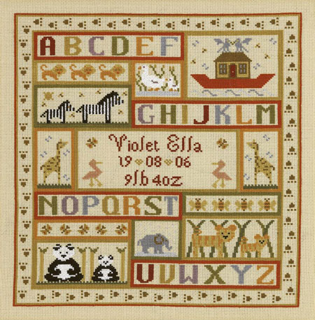 click here to view larger image of Animal Patchwork Birth Sampler (KIT) - 32ct Linen (counted cross stitch kit)