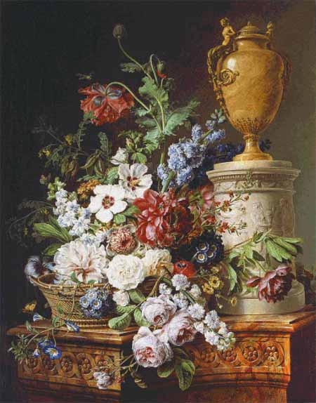 click here to view larger image of Still Life Of Flowers In A Basket by an Alabaster Urn on a Marble Pedestal (chart)