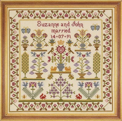 click here to view larger image of Wedding Pot Sampler (Kit) - 32ct Linen (counted cross stitch kit)