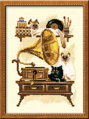 click here to view larger image of Cat with Gramaphone (counted cross stitch kit)